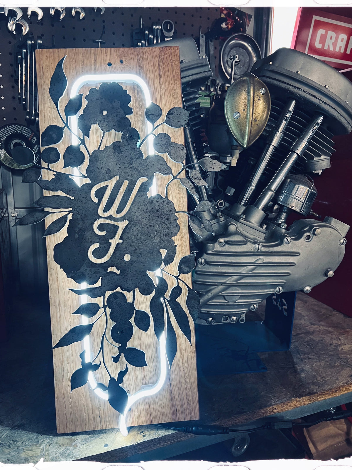 panhead motor with custom metal cnc cut sign